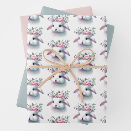 Floral Bunny Pasen Wrapping Paper Sheet Set van 3 (In situ)