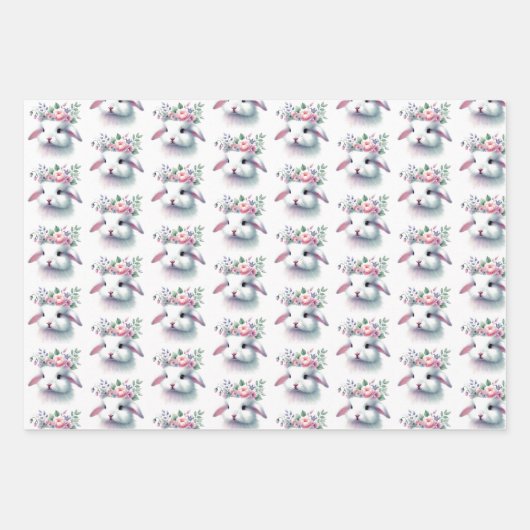 Floral Bunny Pasen Wrapping Paper Sheet Set van 3 (Voorkant)