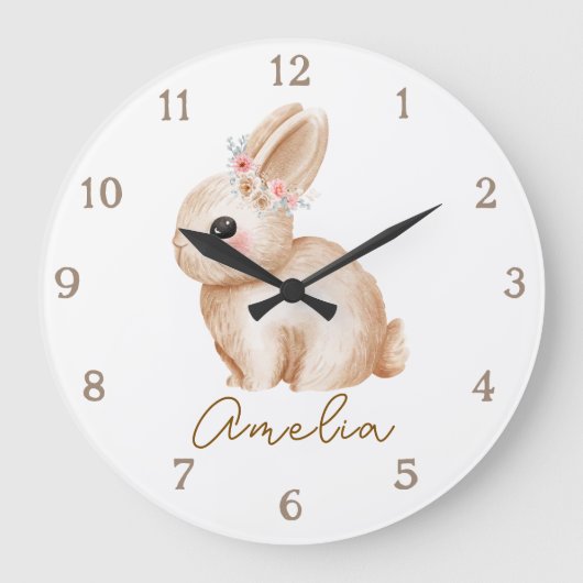 Floral Bunny Personalized Nursery Wall Clock Custo Grote Klok (Voorkant)