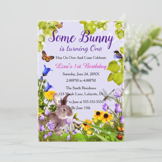 Floral Bunny Rabbit 1e Verjaardag Kaart (Staand voorkant)