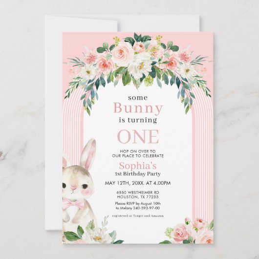 Floral Bunny Rabbit 1e verjaardag Uitnodiging (Voorkant)