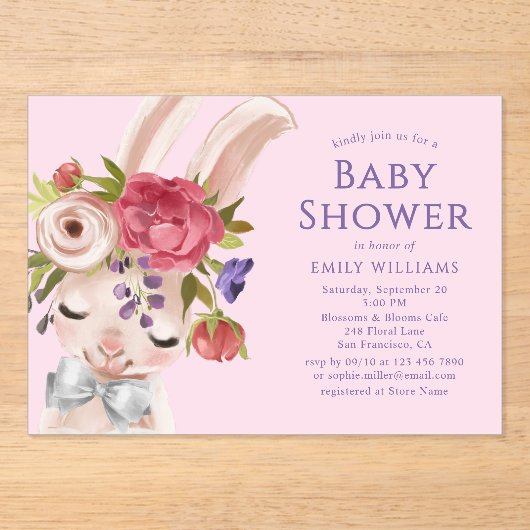 Floral Bunny Rabbit Waterverf Cute Baby shower Acryl Uitnodigingen (Voorkant)