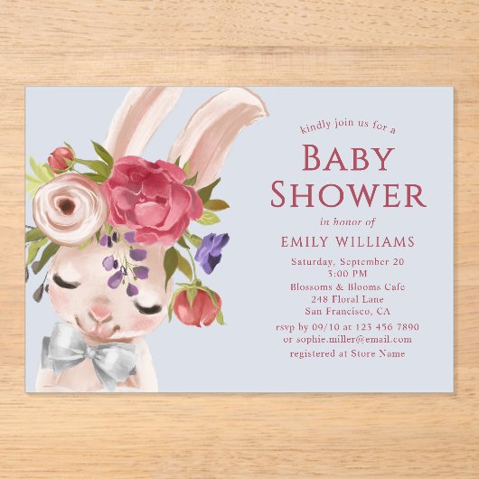 Floral Bunny Rabbit Waterverf Cute Baby shower Acryl Uitnodigingen (Voorkant)