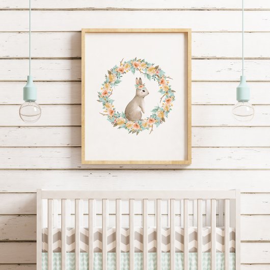 Floral Bunny Rabbit Waterverf Woodland Nursery Poster