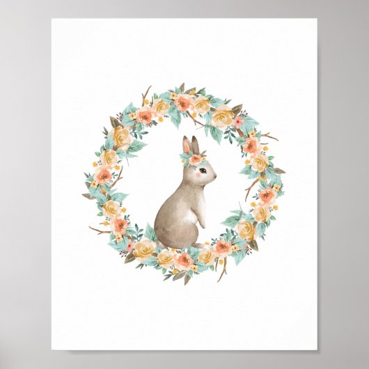 Floral Bunny Rabbit Waterverf Woodland Nursery Poster (Voorkant)