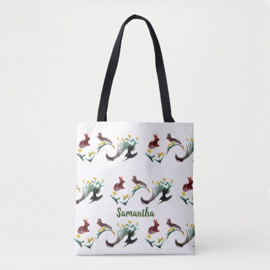 Floral Bunny Rabbits Pattern Personalized Tote Bag (Voorkant)