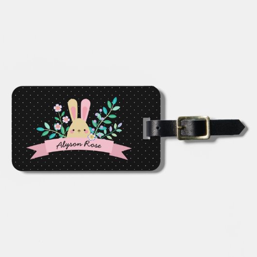 Floral Bunny | Roze en zwart | Aangepaste naam Bagagelabel (Voorkant horizontaal)