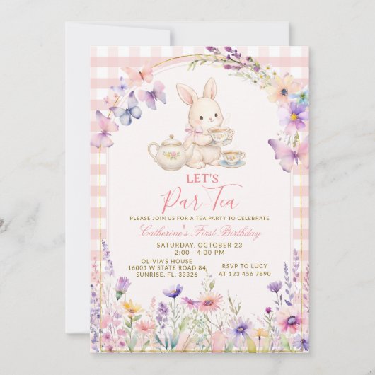 Floral Bunny Tea Party Birthday Pink Gingham Kaart (Voorkant)