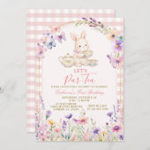 Floral Bunny Tea Party Birthday Pink Gingham Kaart (Voorkant / Achterkant)