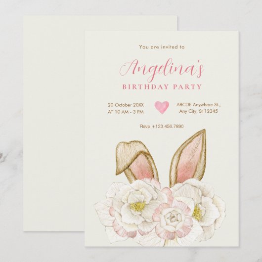 Floral bunny verjaardag kaart (Voorkant / Achterkant)
