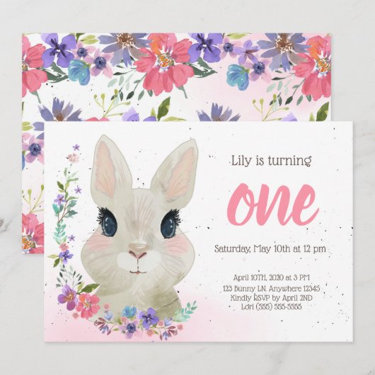 Floral Bunny verjaardagsfeestje uitnodiging | Pase (Voorkant / Achterkant)