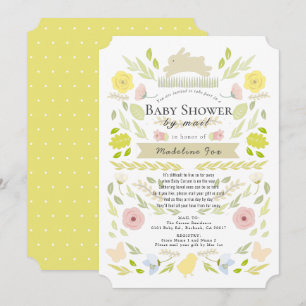 Floral Bunny Yellow Girl Baby shower per post Kaart