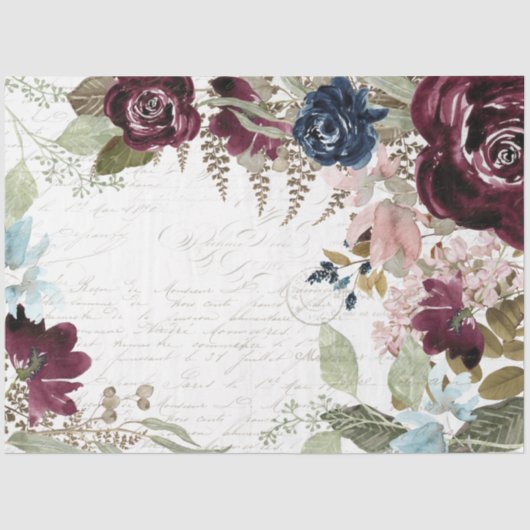 Floral Burgundy and Navy Script Ephemera-ontkoppel Tissuepapier (Voorkant)