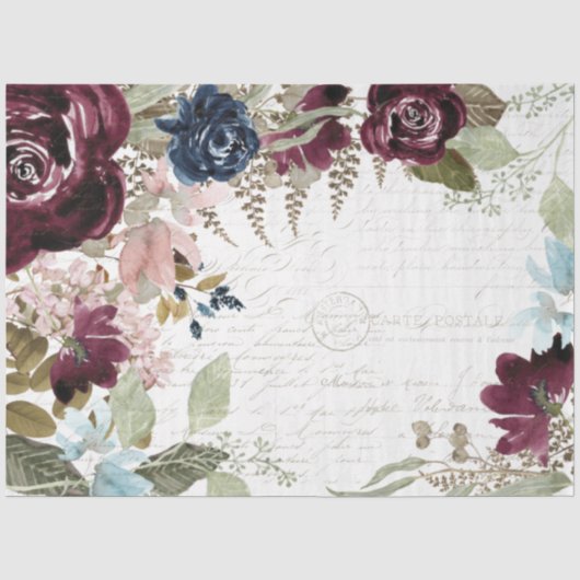 Floral Burgundy and Navy Script Ephemera-ontkoppel Tissuepapier (Voorkant)