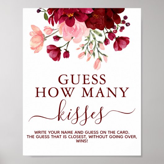Floral Burgundy Baby shower Guessing Game Sign Poster (Voorkant)