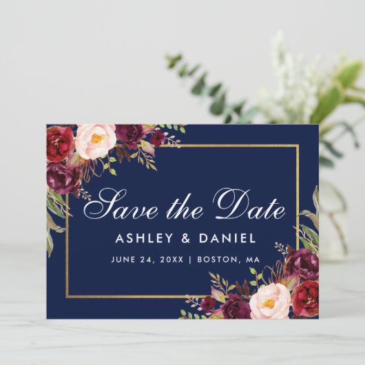 Floral Burgundy Blue Gold redt de datum Save The Date (Staand voorkant)