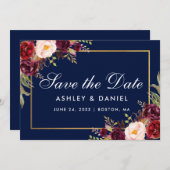 Floral Burgundy Blue Gold redt de datum Save The Date (Voorkant / Achterkant)