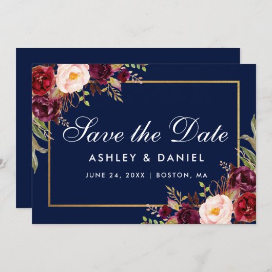 Floral Burgundy Blue Gold redt de datum Save The Date (Voorkant / Achterkant)