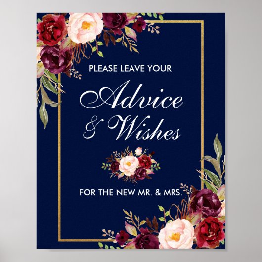 Floral Burgundy Blue Gold Wedding Advice wenst Poster (Voorkant)