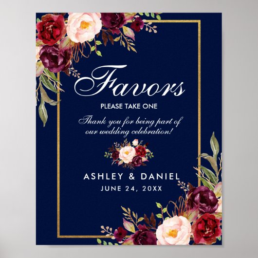 Floral Burgundy Blue Gold Wedding Favors Poster (Voorkant)