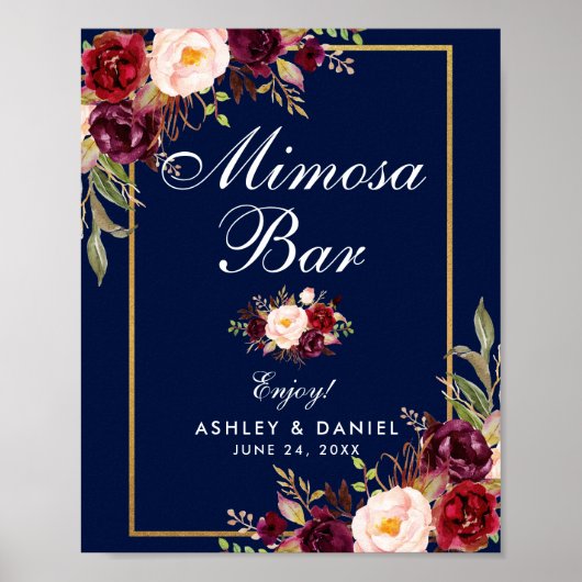Floral Burgundy Blue Gold Wedding Mimosa Bar Poster (Voorkant)