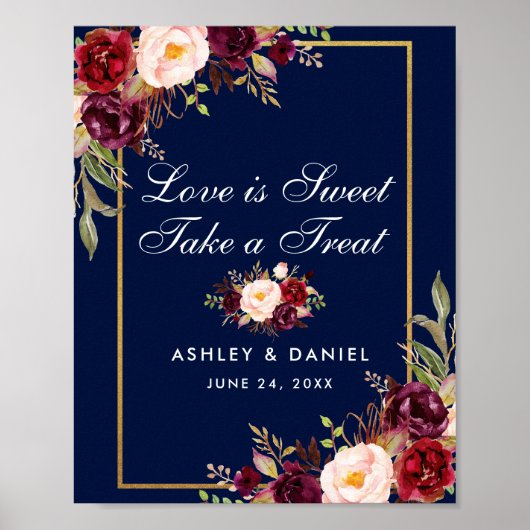 Floral Burgundy Blue Gold Wedding Treat Poster (Voorkant)