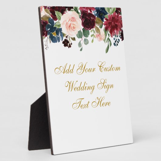 Floral Burgundy Blue Jouw tekst Wedding Table Fotoplaat (Zijkant)