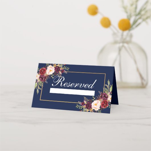 Floral Burgundy Blue Reserved Wedding Plaatskaartje (Voorkant)