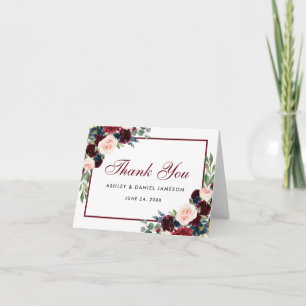 Floral Burgundy Blue Wedding Bedankt Note Kaart