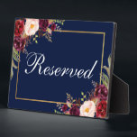 Floral Burgundy Blue Wedding Gereserveerd 5x7 Tabe Fotoplaat<br><div class="desc">Waterverf Floral Burgundy Marsala Blue Gold Wedding Gereserveerd 5x7 Tafel Plaque</div>