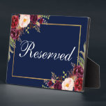 Floral Burgundy Blue Wedding Gereserveerd 5x7 Tabe Fotoplaat<br><div class="desc">Waterverf Floral Burgundy Marsala Blue Gold Wedding Gereserveerd 5x7 Tafel Plaque</div>