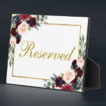 Floral Burgundy Blue Wedding Gereserveerd 5x7 Tabe Fotoplaat<br><div class="desc">Waterverf Floral Burgundy Marsala Blue Gold Wedding Gereserveerd 5x7 Tafel Plaque</div>