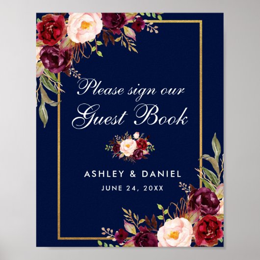 Floral Burgundy Blue Wedding Guest Book Poster (Voorkant)