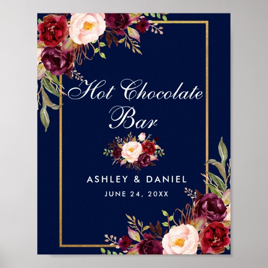 Floral Burgundy Blue Wedding Hot Chocolate Bar Poster (Voorkant)