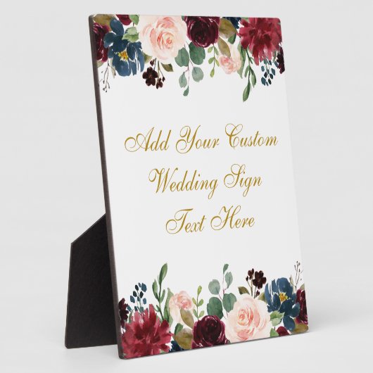 Floral Burgundy Blue Wedding Jouw tekst Table Fotoplaat (Zijkant)