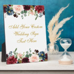 Floral Burgundy Blue Wedding Jouw tekst Table Fotoplaat<br><div class="desc">Waterverf Floral Burgundy Marsala Blue Gold Wedding Jouw tekst Table Plaque</div>