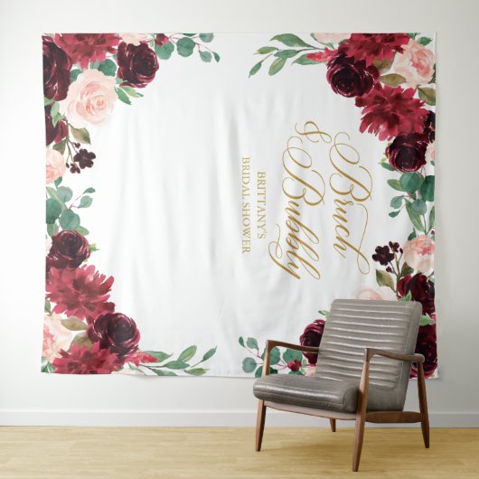 Floral Burgundy & blush Bridal Shower backdrop Wandkleed (In Situ (horizontaal))