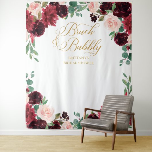Floral Burgundy & blush Bridal Shower backdrop Wandkleed (In situ)