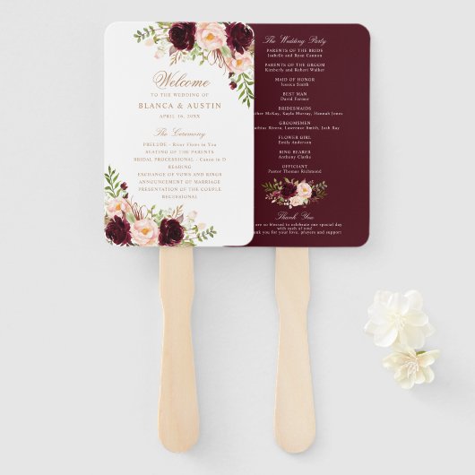 Floral Burgundy Blush Elegant Gold Wedding Program Handwaaier (Voorkant en achterkant)
