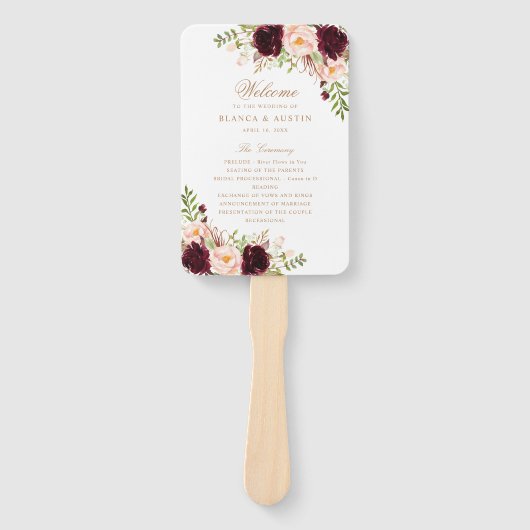 Floral Burgundy Blush Elegant Gold Wedding Program Handwaaier (Voorkant)