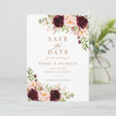 Floral Burgundy Blush Elegant Modern Save the Date Kaart (Staand voorkant)