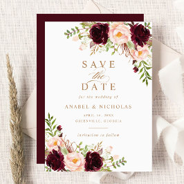 Floral Burgundy Blush Elegant Modern Save the Date Kaart