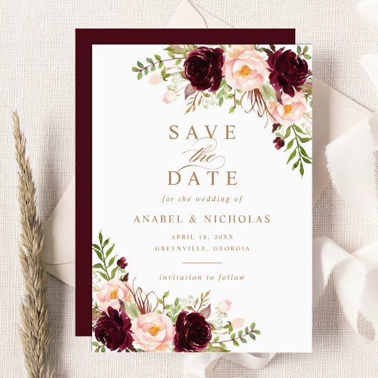 Floral Burgundy Blush Elegant Modern Save the Date Kaart