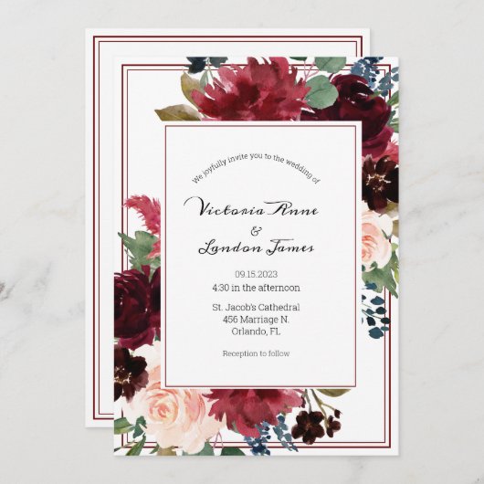 Floral Burgundy Blush Elegant Script Weddenschap Kaart (Voorkant / Achterkant)