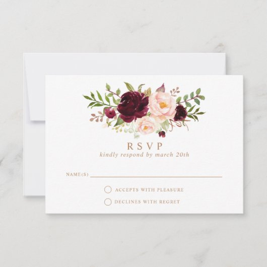 Floral Burgundy Blush Elegant Wedding RSVP Antwoor Kaart (Voorkant)