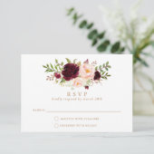 Floral Burgundy Blush Elegant Wedding RSVP Antwoor Kaart (Staand voorkant)