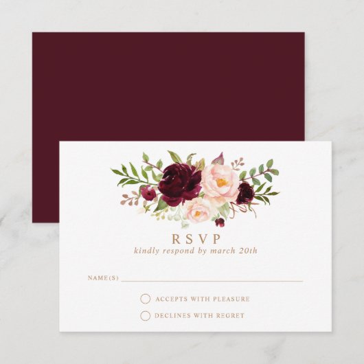 Floral Burgundy Blush Elegant Wedding RSVP Antwoor Kaart (Voorkant / Achterkant)