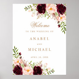 Floral Burgundy Blush Elegant Wedding Sign Poster