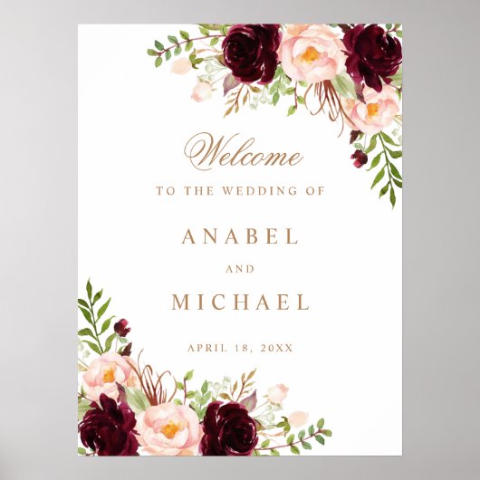 Floral Burgundy Blush Elegant Wedding Sign Poster (Voorkant)