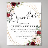 Floral Burgundy Blush Floral Gold Lijst Open Bar Poster (Voorkant)